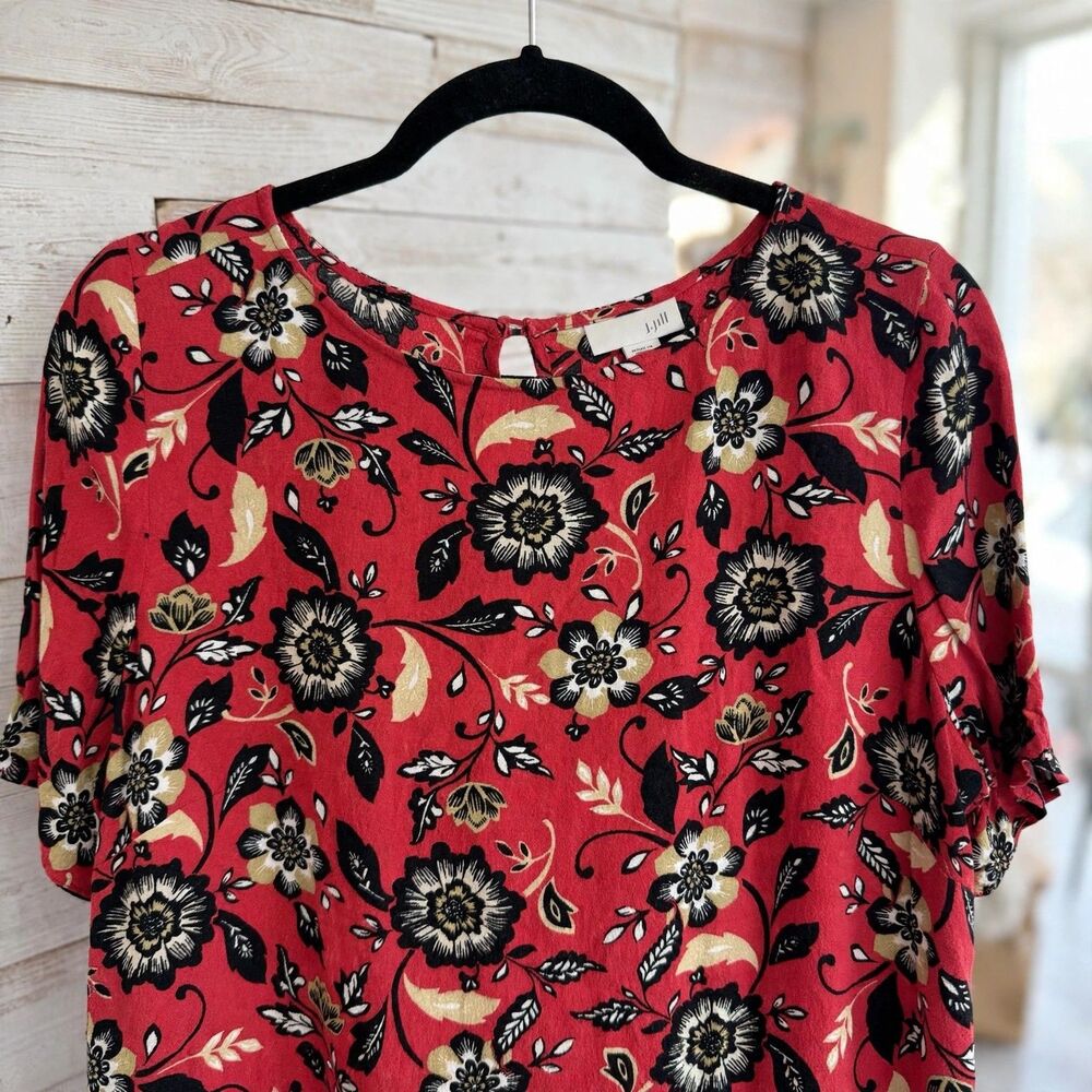 J Jill Womens Petite M Floral Boat Neck 3/4 Sleeve Top Red Black Keyhole